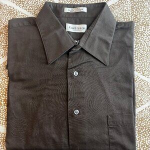 Van Heusen Brown Sateen Check Wrinkle Free Button Down Shirt Size Large